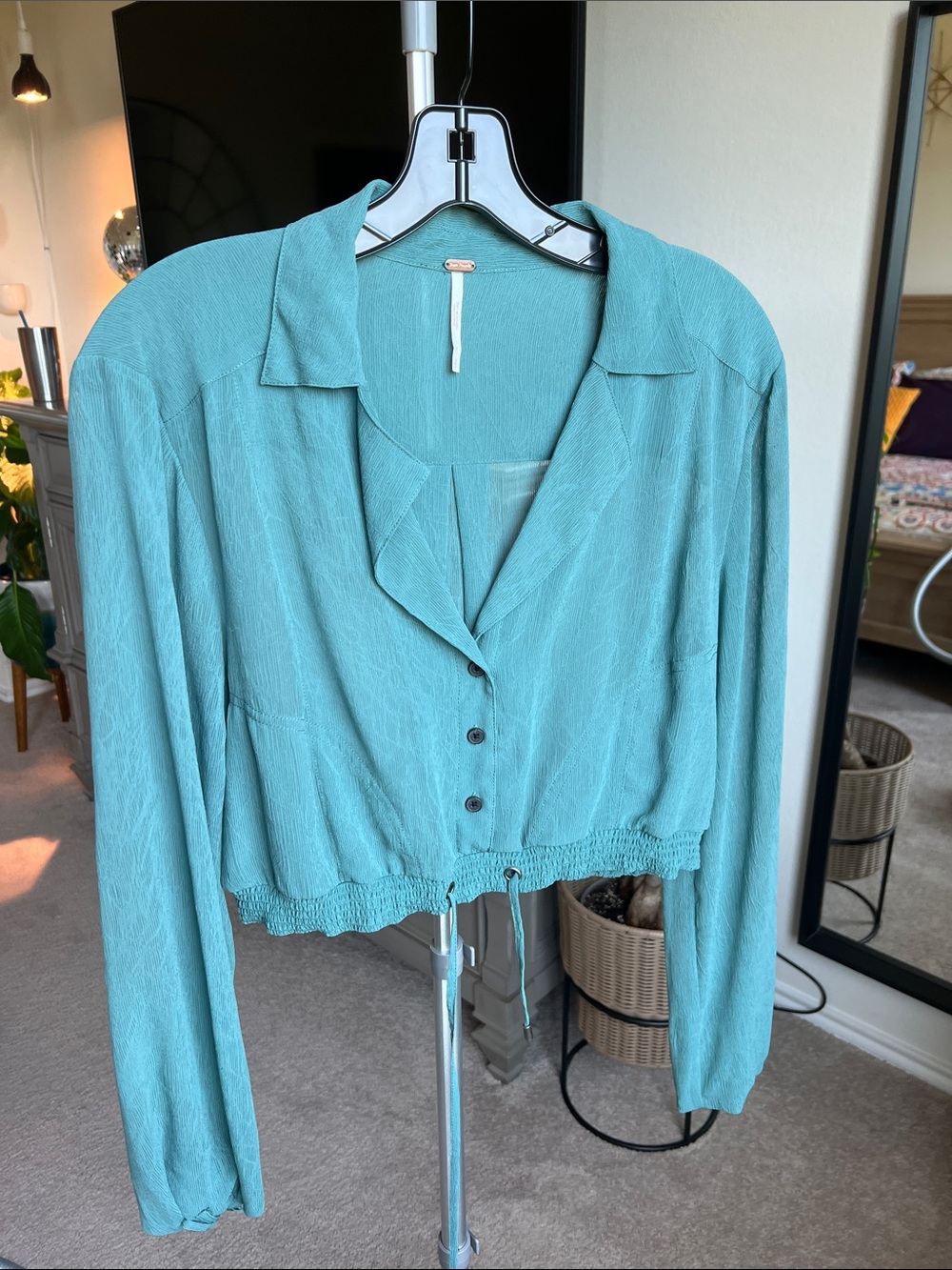 Free People Light Teal Button-Front Cropped Blouse - Women Tops
